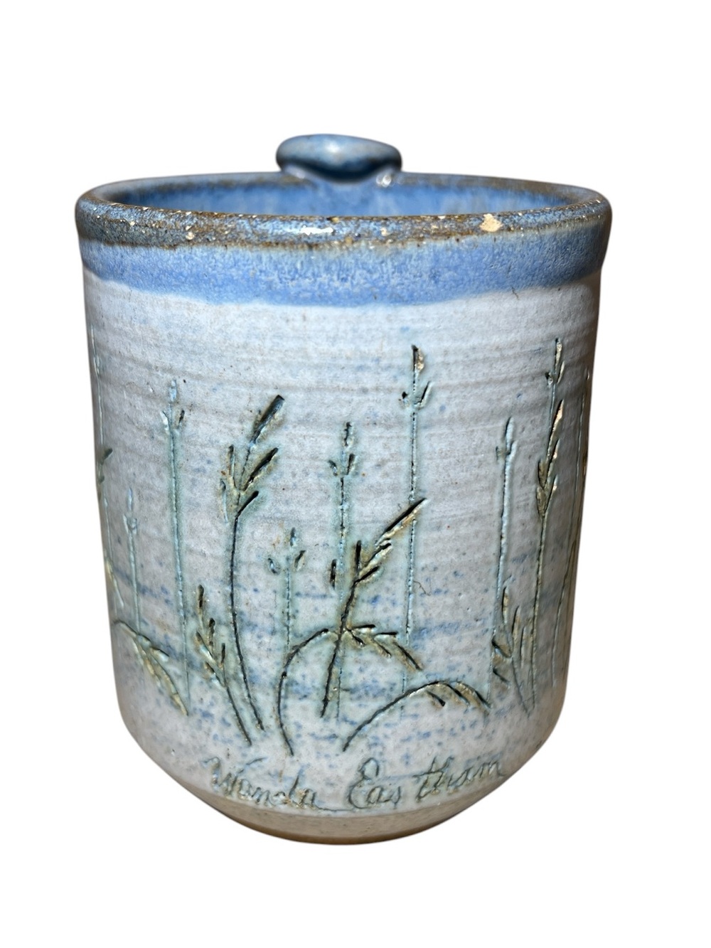 Handmade Pottery Blue Ceramic Mug with Nature Motif